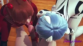 play Evangelion hentai 3d - trío shinji, asuka y rei en la habitación de shinji chupan la polla de shinji hasta que se corre en su boca, luego les come el coño y se las folla