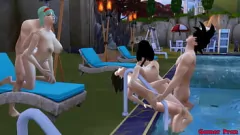 Reproduzir Orgia na piscina molhada e selvagem: as esposas Milf Chichi e Bulma compartilham seu leite e filhos em um trio Hentai