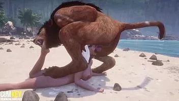 Redare Cățea Busty se reproduce cu blană pe plajă | monstru penis mare | Viață sălbatică porno 3d